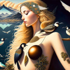 Surreal portrait of woman with wavy hair and birds in mountain landscape