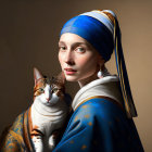 Woman in Blue and White Turban with Calico Cat in Classical Portrait Pose