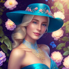 Blonde Woman in Blue Hat and Dress Surrounded by Roses on Purple Background