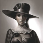 Monochromatic portrait of woman in wide-brimmed hat and lace collar