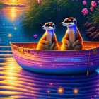 Meerkats in glowing boat on magical starry water scene