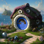 Whimsical cottage with blue round door in seaside landscape