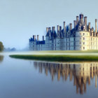 Majestic castle with spires reflected in serene river in foggy landscape