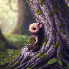 Whimsical creature with large eyes and ears in lush forest scene