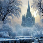 Frost-covered trees and cathedral in winter sunrise