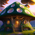 Whimsical Mushroom House in Magical Forest at Dusk