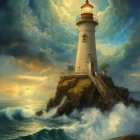 Majestic lighthouse on rugged cliff amid turbulent sea waves