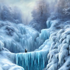 Snow-covered trees and icy waterfall in mystical winter landscape