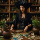 Woman in Black Hat and Dress Performing Tarot Reading in Candlelit Room