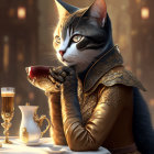 Regal anthropomorphic cat sipping tea at elegant table in warm-lit room