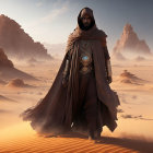 Robed Figure in Desert Landscape with Sand Dunes and Rock Formations