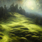 Mystical forest scene with moss-covered hills and towering trees