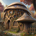 Intricate wooden fantasy mushroom houses in autumn forest