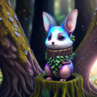 Fantasy rabbit creature with blue fur in enchanted forest.