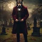 Anthropomorphic fox in 19th-century attire at misty graveyard