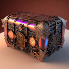 Intricate mystical chest with glowing accents on reddish-brown background