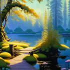 Tranquil forest scene with lake, footbridge, sunbeams, and lush vegetation