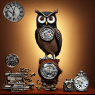 Owl sculpture with watch parts on gear, surrounded by clocks and books