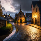 Twilight scene: Cobblestone street, quaint buildings, chapel, and water canal.