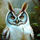 Majestic owl with orange eyes in dense foliage