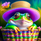 Colorful Stylized Frog in Straw Hat Surrounded by Foliage