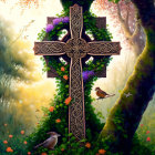 Ornate cross in vibrant forest with birds, flowers, and mystical foggy backdrop