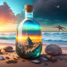 Surreal ocean sunset scene in a large bottle with beach hut and seashells