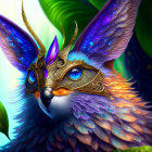 Colorful fantasy bird creature with mask in purple and blue on green background