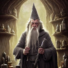 Elderly wizard with white beard in cave with skulls and potions