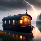 Houseboat on Calm Water Under Stormy Sky with Lightning