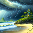 Illustration of lightning storm over sea and traditional hilltop house.