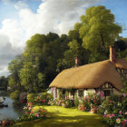 Tranquil landscape: Thatched-roof cottage, lush greenery, river view