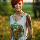 Red-haired woman with tattoos in white floral dress holding flowers