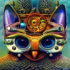 Steampunk-style digital artwork of a cat mask with metallic feathers and blue eyes