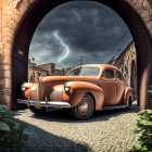 Classic Car Parked in Cobblestone Alley Under Stormy Sky