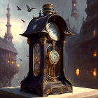 Intricate Steampunk Clock with Gold Detailing and Fantastical Architecture