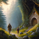 Adventurers on cobblestone path near stone cottage in lush forest