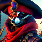 Digital rendering of pirate raccoon with tricorn hat and ships