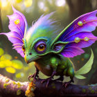 Colorful fantasy creature with purple wings and green skin in sunlit forest