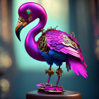 Steampunk flamingo with mechanical legs and gears on pedestal