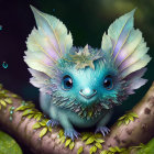 Blue whimsical creature with large eyes, leaf-like ears, and feathered wings perched on a