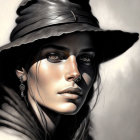 Detailed digital portrait: Woman with ornate hat, green eyes, dark hair, rose tattoo.