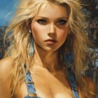 Blue-eyed woman with blonde hair in denim top by sunlit water