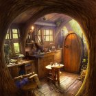 Cozy Round Hobbit-Style Interior with Wooden Door, Table, Fireplace, and Vintage Kitchenware