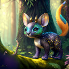 Fantastical digital illustration of a spotted cat in enchanted forest