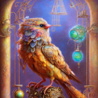 Colorful mechanical bird amidst golden structures and globes