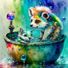 Colorful Whimsical Raccoons in Tub with Iridescent Bubbles