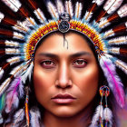 Serious person in vibrant native headdress on colorful background