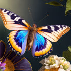 Colorful Butterfly with Orange and Blue Wings on Flower in Moody Setting