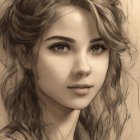 Sepia-Toned Sketch: Young Woman with Curly Hair and Expressive Eyes